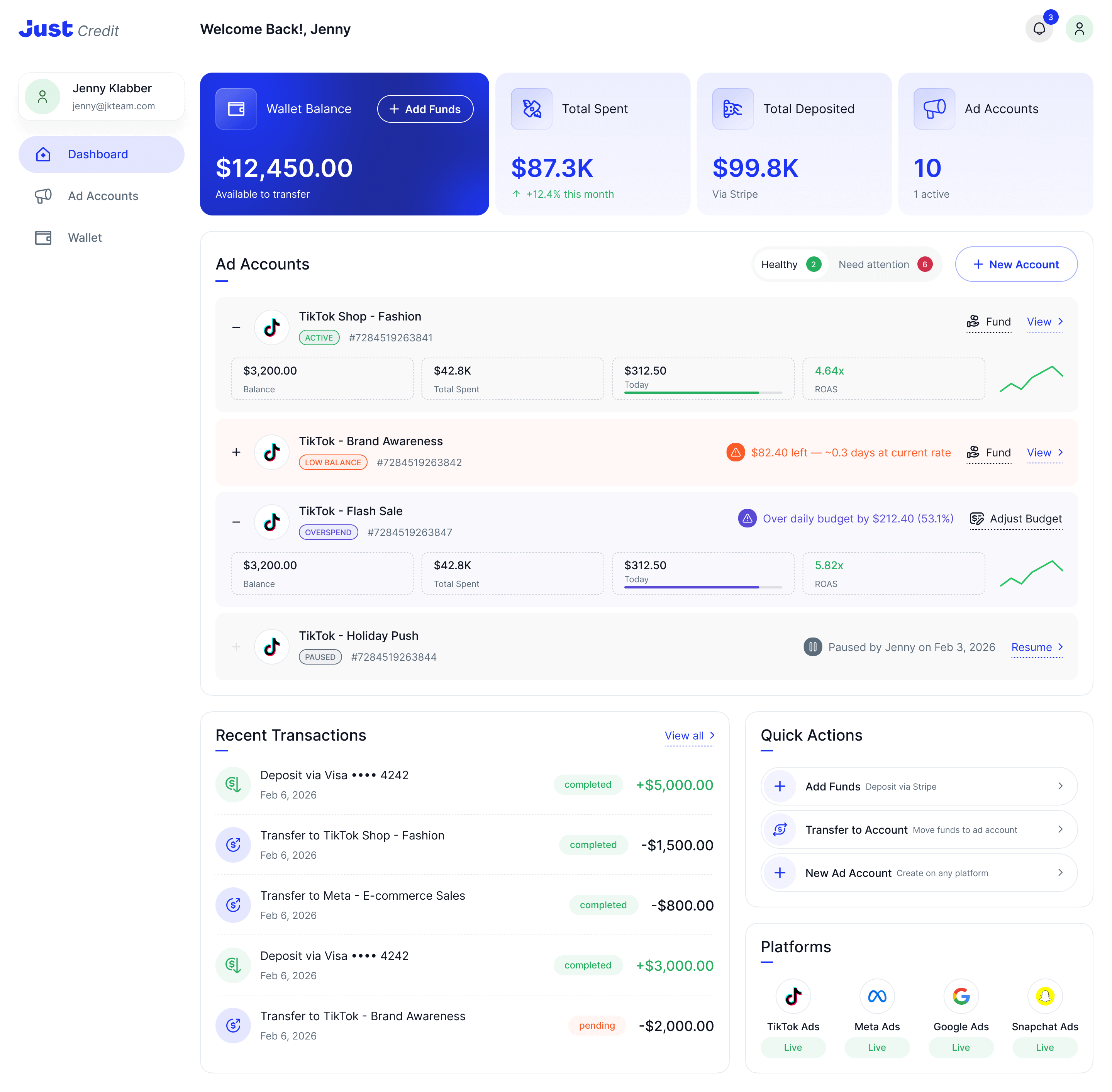 JustCredit Dashboard showing wallet balance, ad account management for TikTok, Meta, and Google